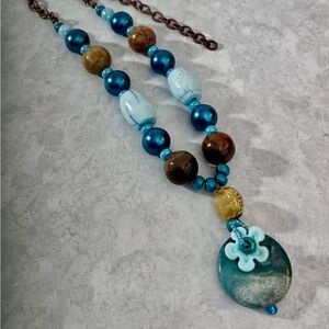 Turquoise Blue and Brown Beaded Necklace